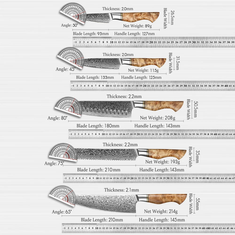 HEZHEN Damascus Knife Set – 5PCS Professional Chef, Santoku, Utility & Paring Knives