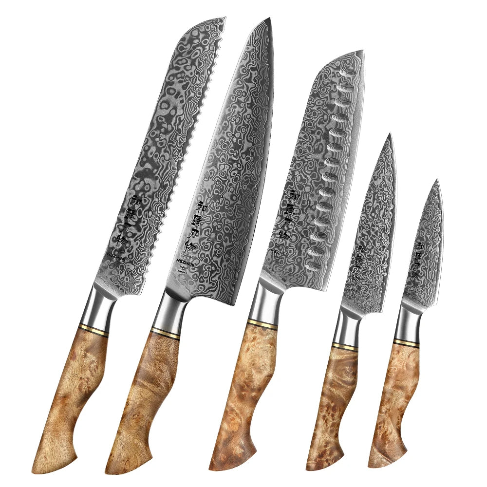 HEZHEN Damascus Knife Set – 5PCS Professional Chef, Santoku, Utility & Paring Knives