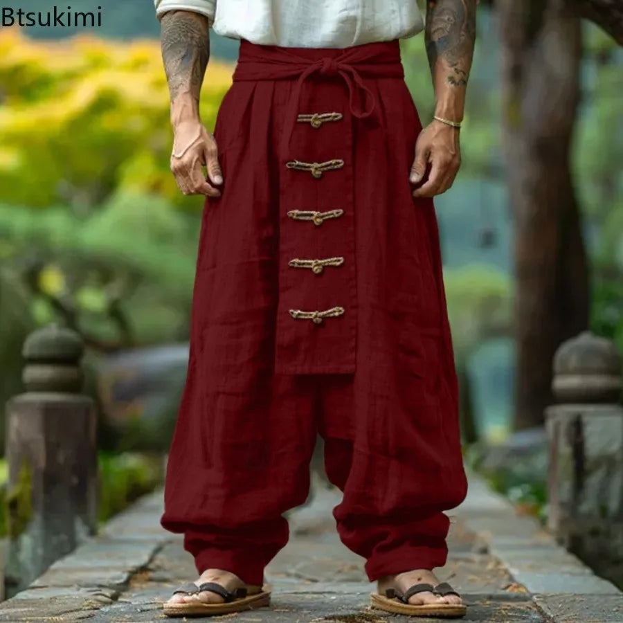 Men’s Cotton Linen Wide Leg Pants, Lace-up Vintage Streetwear