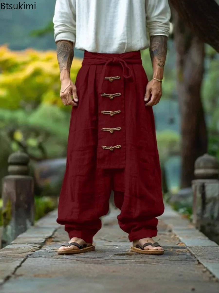 Men’s Cotton Linen Wide Leg Pants, Lace-up Vintage Streetwear