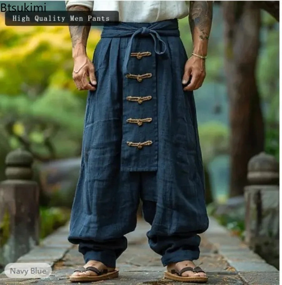 Men’s Cotton Linen Wide Leg Pants, Lace-up Vintage Streetwear