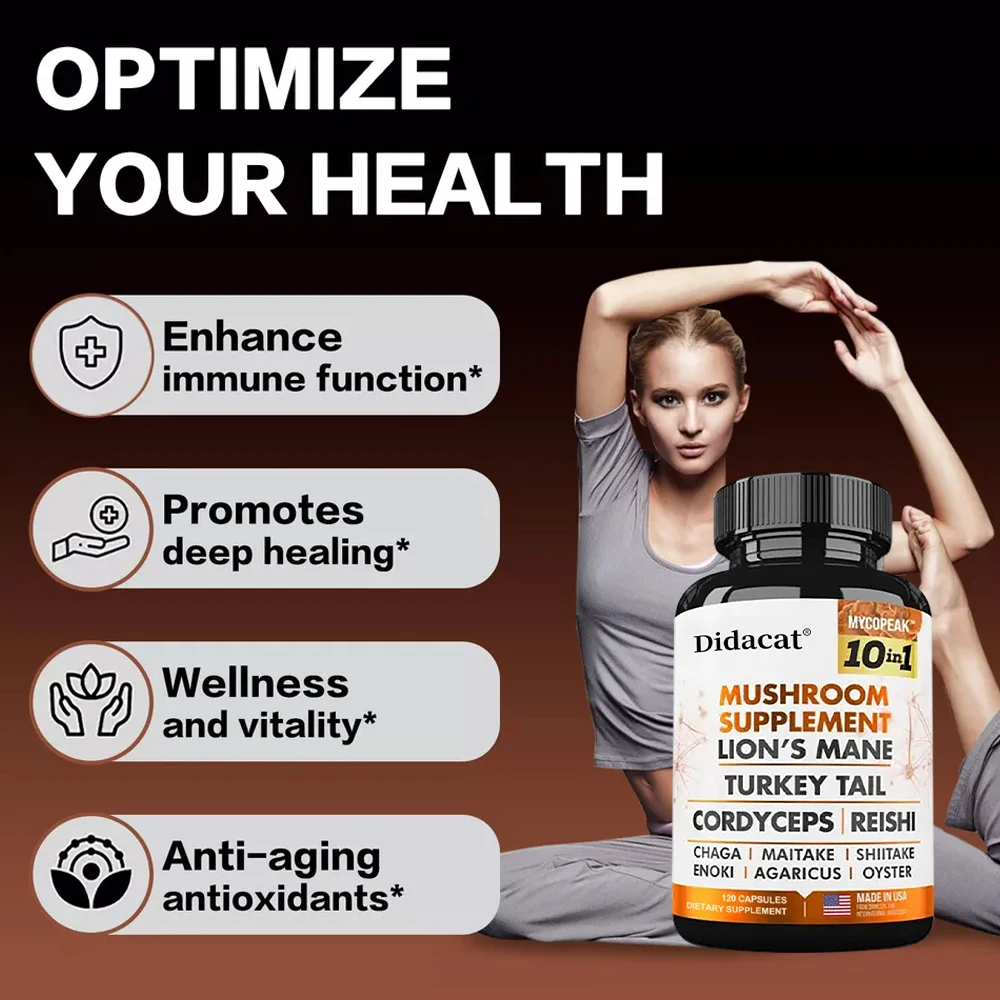 Mushroom Complex Supplement – 10x Strength Lions Mane, Turkey Tail, Reishi, Cordyceps – Brain Boost, Focus & Memory Support for Men and Women