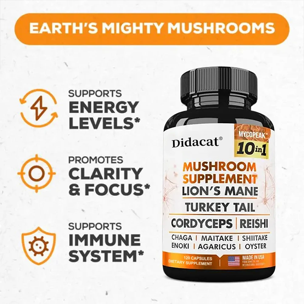 Mushroom Complex Supplement – 10x Strength Lions Mane, Turkey Tail, Reishi, Cordyceps – Brain Boost, Focus & Memory Support for Men and Women