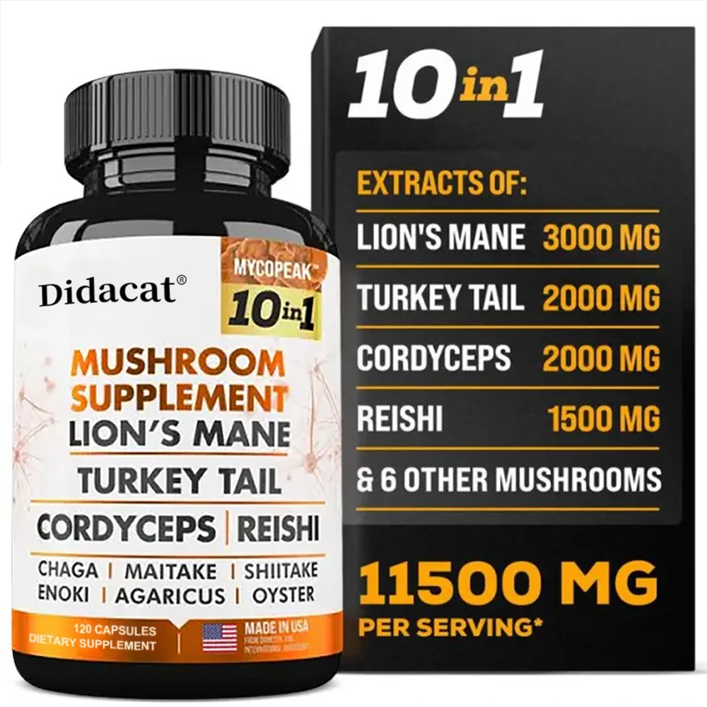 Mushroom Complex Supplement – 10x Strength Lions Mane, Turkey Tail, Reishi, Cordyceps – Brain Boost, Focus & Memory Support for Men and Women