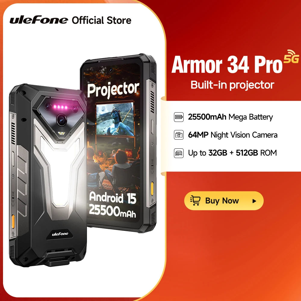 Ulefone Armor 34 Pro 5G Smartphone, 25500mAh, 512GB, Projector, 120Hz