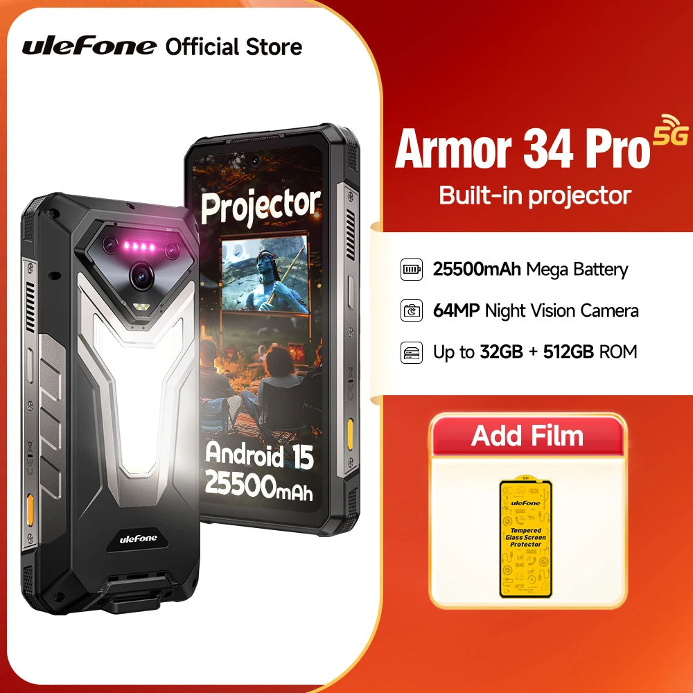 Ulefone Armor 34 Pro 5G Smartphone, 25500mAh, 512GB, Projector, 120Hz