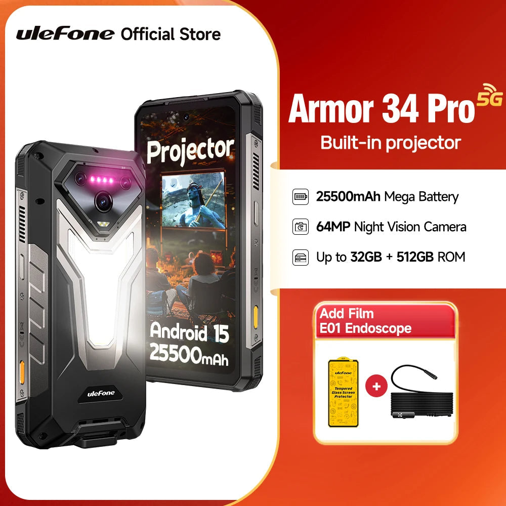 Ulefone Armor 34 Pro 5G Smartphone, 25500mAh, 512GB, Projector, 120Hz