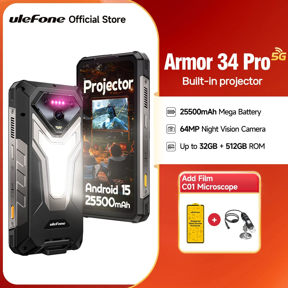 Ulefone Armor 34 Pro 5G Smartphone, 25500mAh, 512GB, Projector, 120Hz