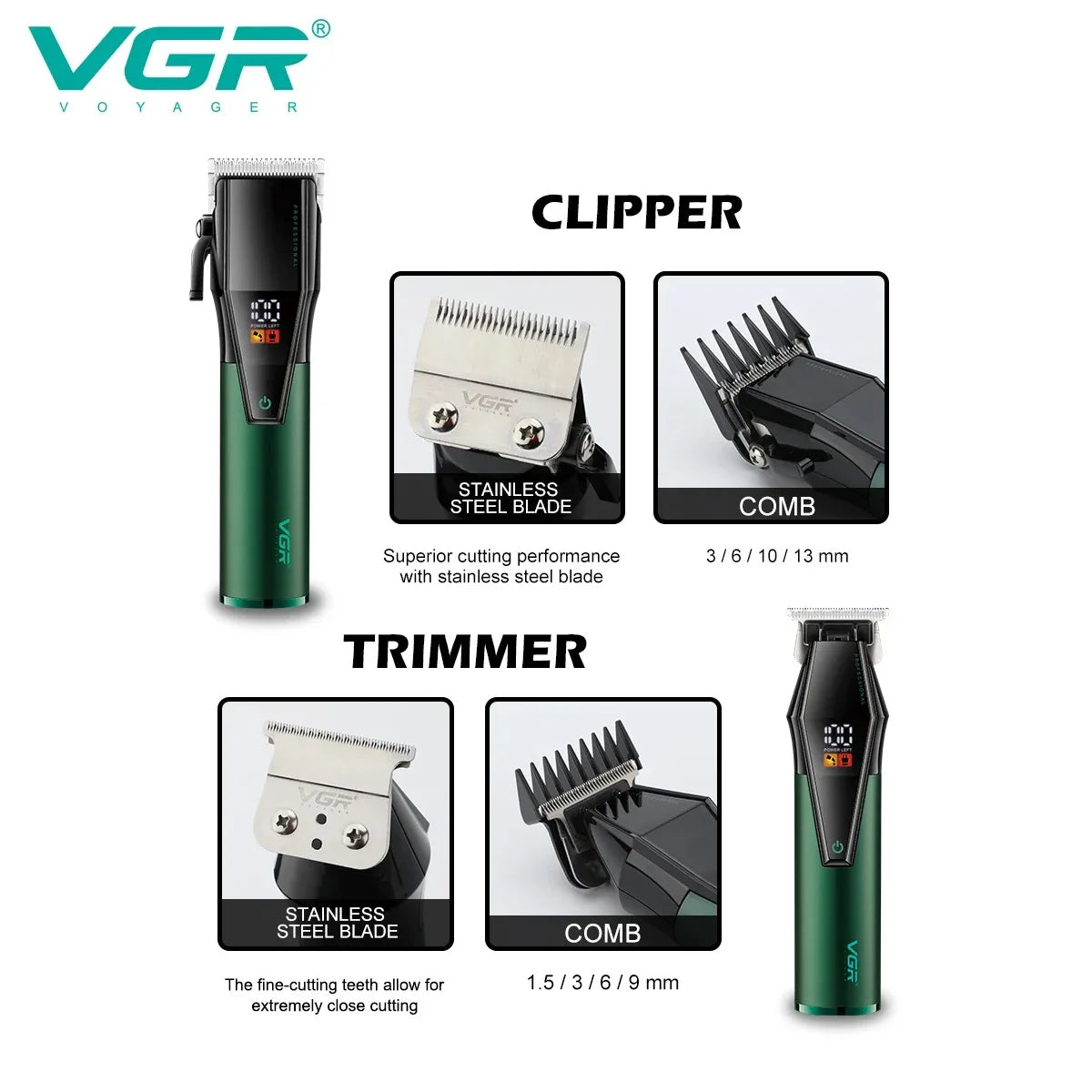 VGR V-677 Hair Clipper for Men, LED Display, Cordless, Adjustable Blades