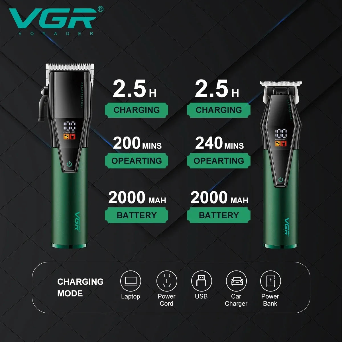 VGR V-677 Hair Clipper for Men, LED Display, Cordless, Adjustable Blades