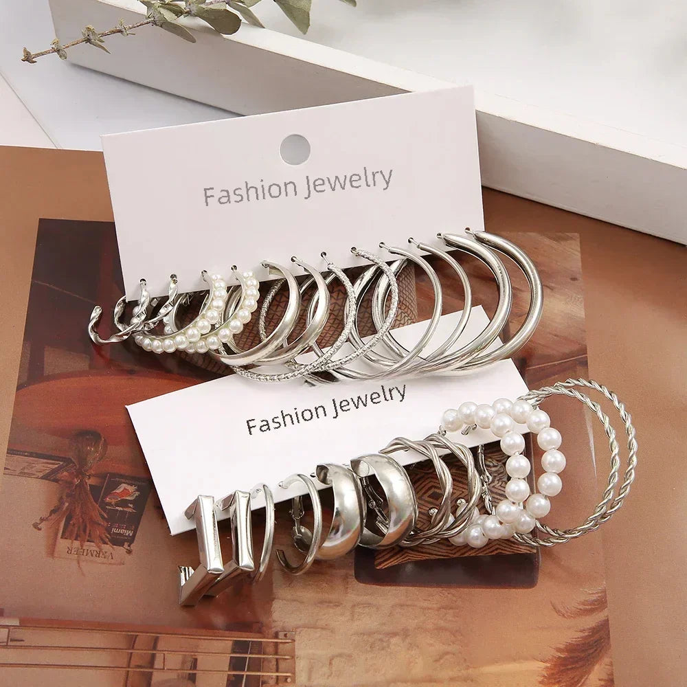 Vintage Silver Color Y2K Pearl Earrings for Women Geometry Round Circle Square Hoop Earring Set Fashion Female Jewelry Accessory