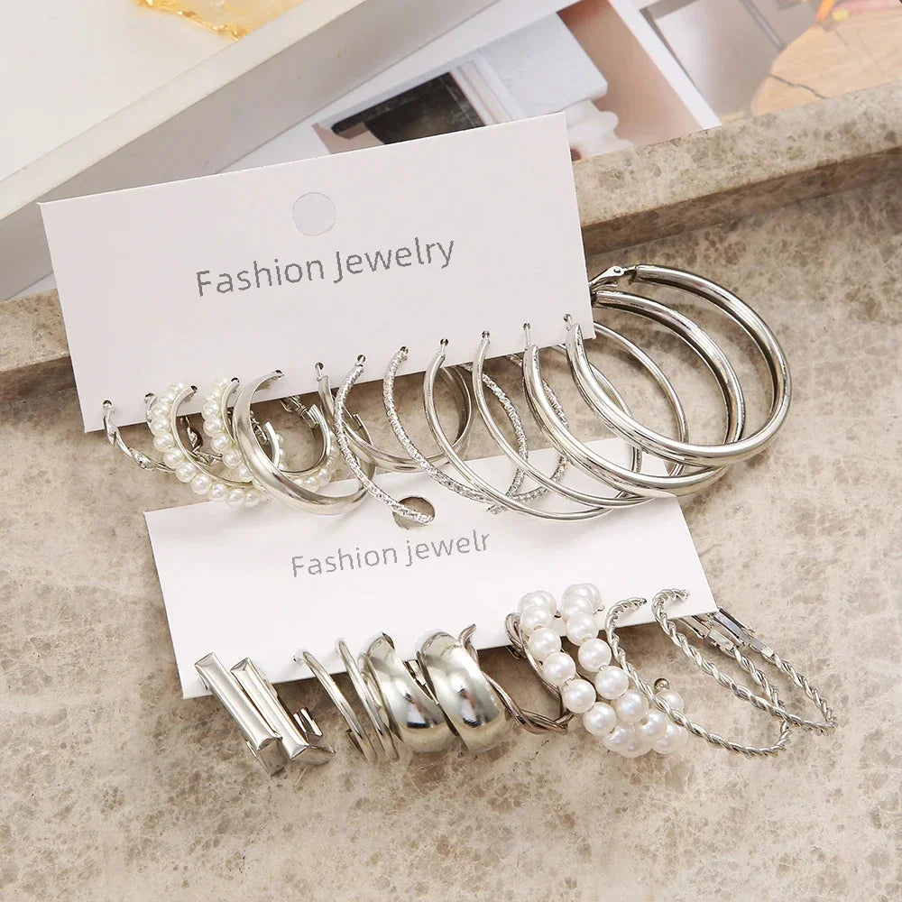 Vintage Silver Color Y2K Pearl Earrings for Women Geometry Round Circle Square Hoop Earring Set Fashion Female Jewelry Accessory