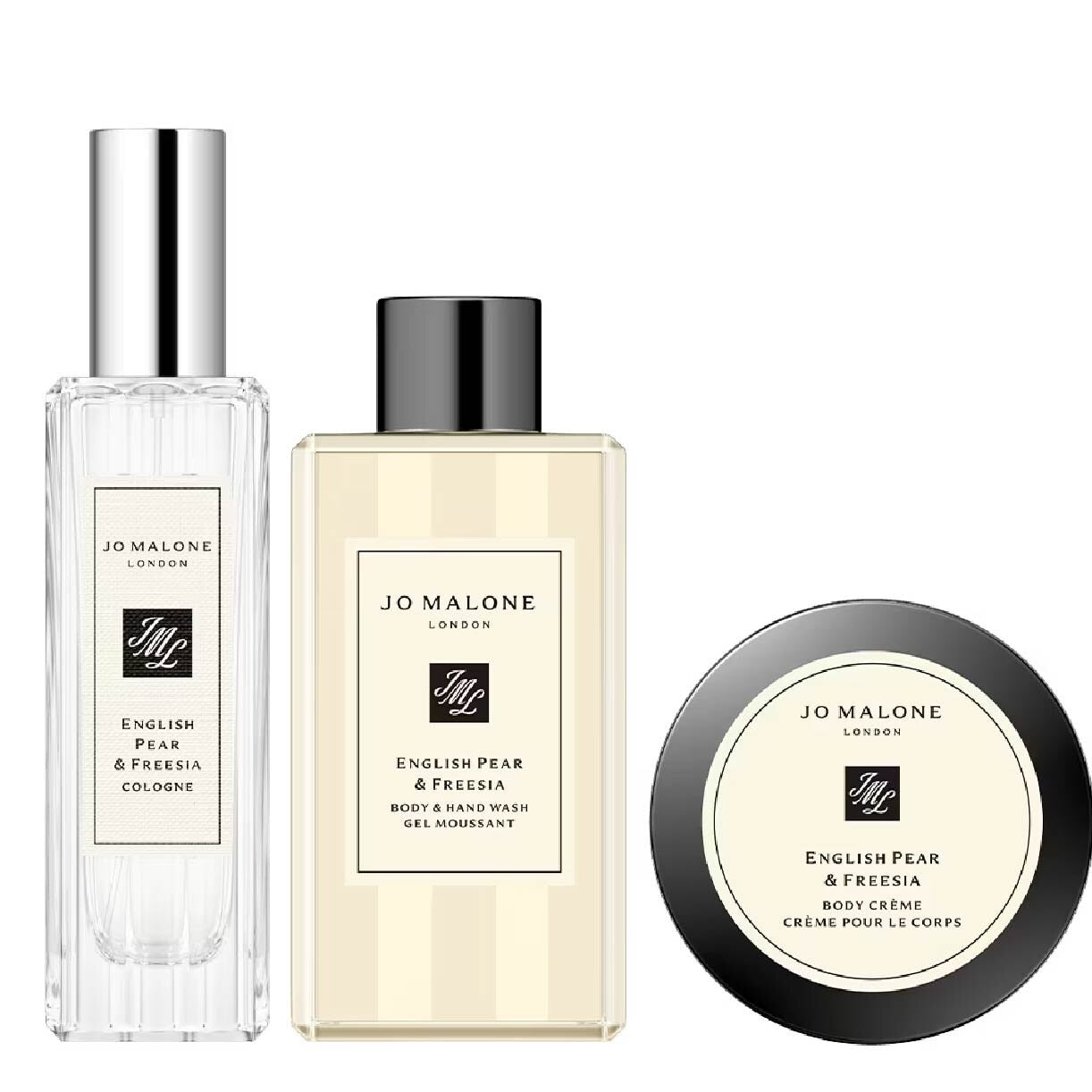 JO MALONE London Fragance Layering Collection Packset consists English Pear & Freesia Cologne Spray 30ml + Blackberry & Bay Body Cream 50ml + Wood Sage & Sea Salt Body Wash 100ml