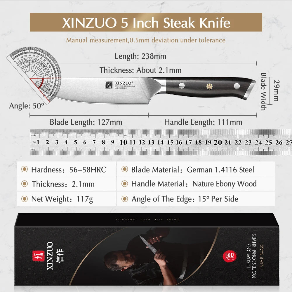 XINZUO 5" Steak Knife, German Steel, Ebony Handle, Sharp Blade