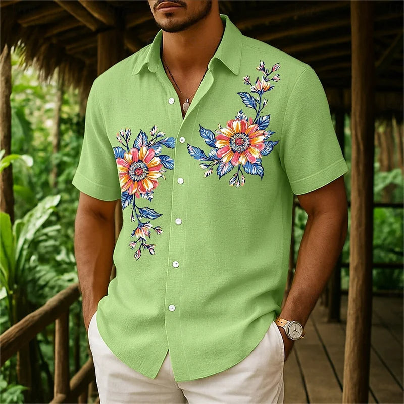 Men's Floral Button Down Shirt, Casual Summer Beachwear, Lapel Collar, With Pockets