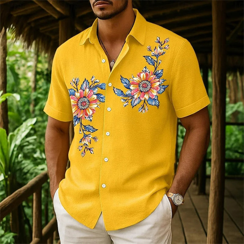Men's Floral Button Down Shirt, Casual Summer Beachwear, Lapel Collar, With Pockets