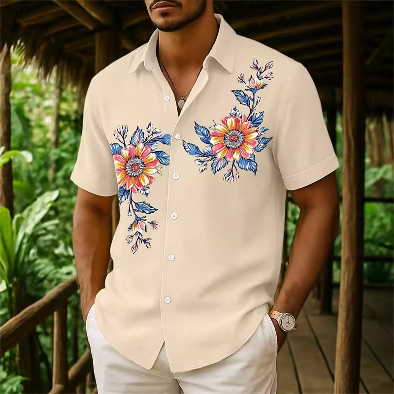 Men's Floral Button Down Shirt, Casual Summer Beachwear, Lapel Collar, With Pockets