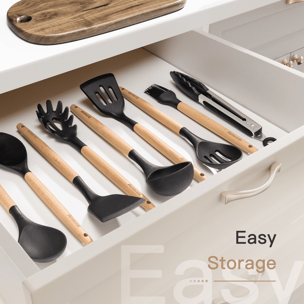 Astercook Silicone Cooking Utensils Set, 38 PCS Kitchen Utensils Set for 446°F Heat Resistant, Food Grade Utensil Sets with Wooden Handle, Kitchen Gadgets for Nonstick Cookware BPA Free (Black)